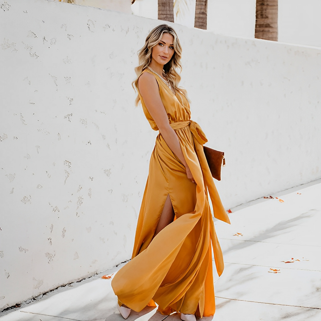 Beautiful Long Evening Dress with Satin Waist Belt - VogeLuxe