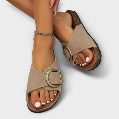 VogeLuxe | Women’s Open Toe Slide Sandals with Cork Footbed Buckle Strap