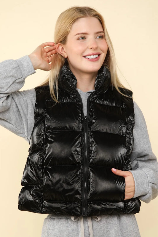 Women's Glossy Quilted Puffer Jacket Vest - VogeLuxe
