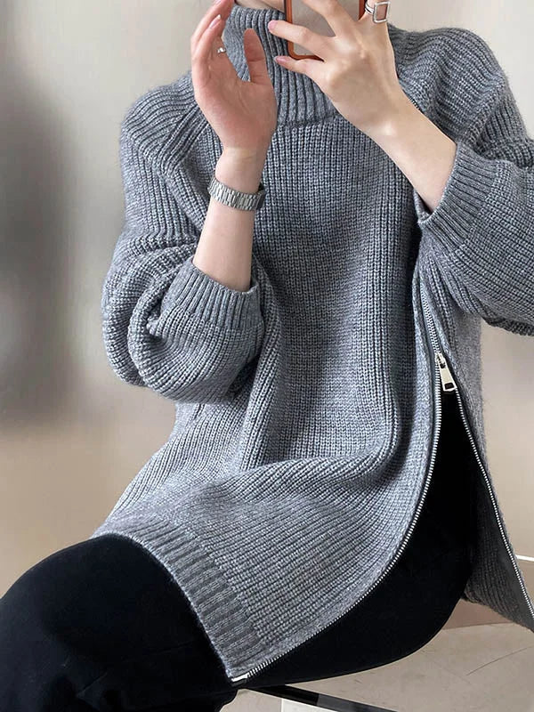 Cozy Women's Oversized Turtleneck Sweater with Zip Detail - BritishElegance