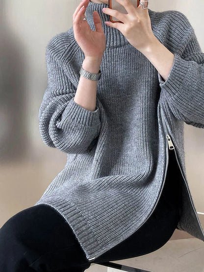 Cozy Women's Oversized Turtleneck Sweater with Zip Detail - BritishElegance