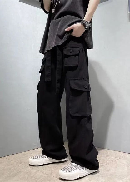 Relaxed Fit Black Straight Leg Cargo Pants for Men - BritishElegance