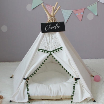 Cute Pet Teepee with Cushion in Soft Green and White