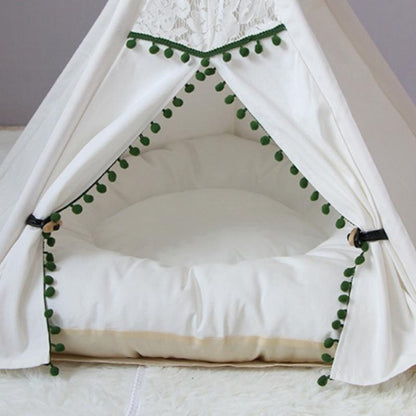 Cute Pet Teepee with Cushion in Soft Green and White - BritishElegance