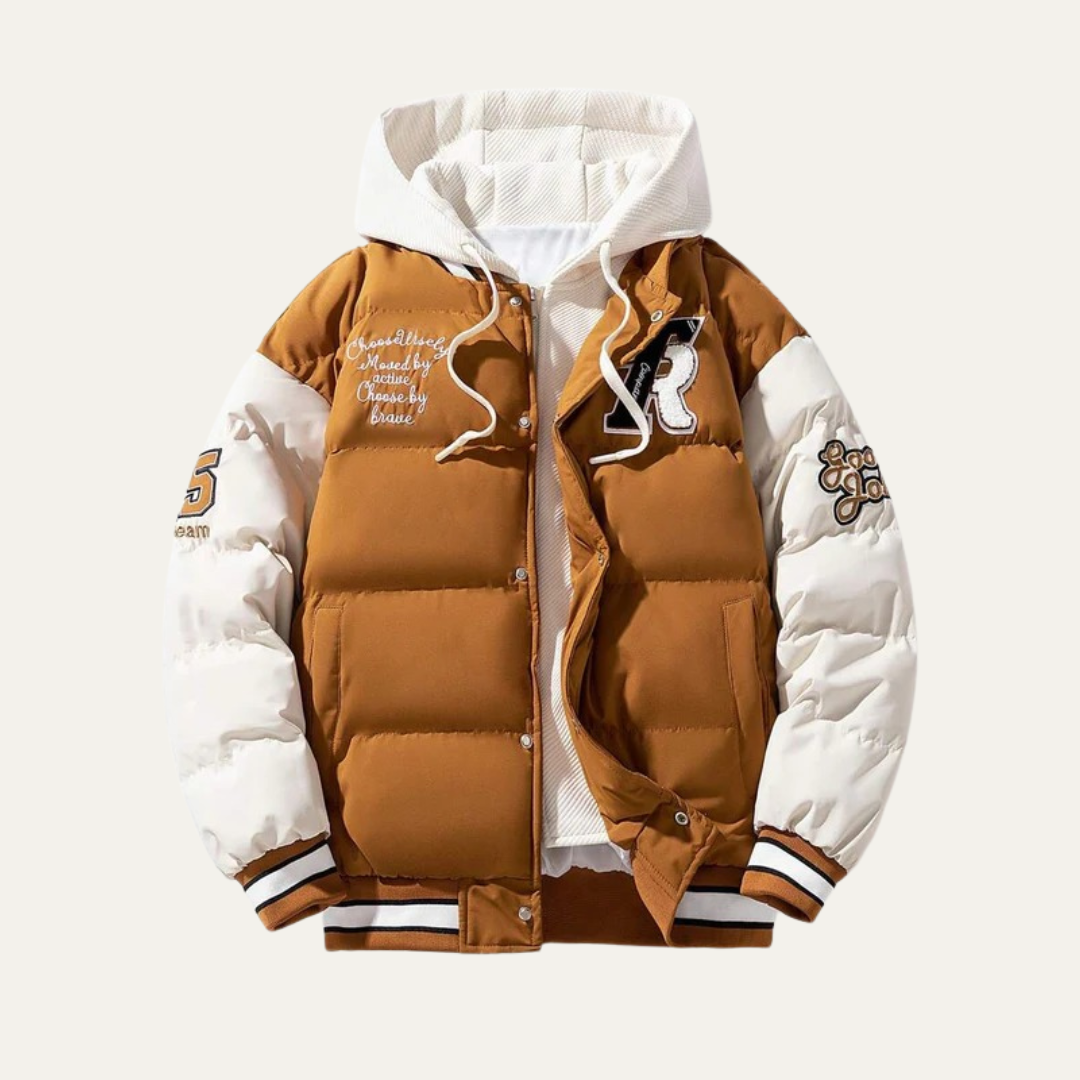 VogeLuxe | Men’s Varsity Style Puffer Jacket with Embroidered Graphics