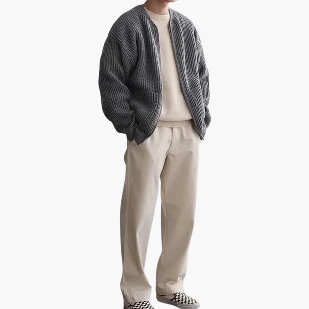 VogeLuxe | Men’s Relaxed Fit Rib Knit Zip Cardigan