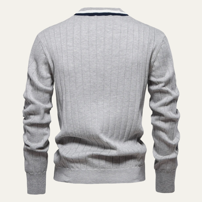 VogeLuxe | Men’s V Neck Rib Knit Cardigan with Striped Trim