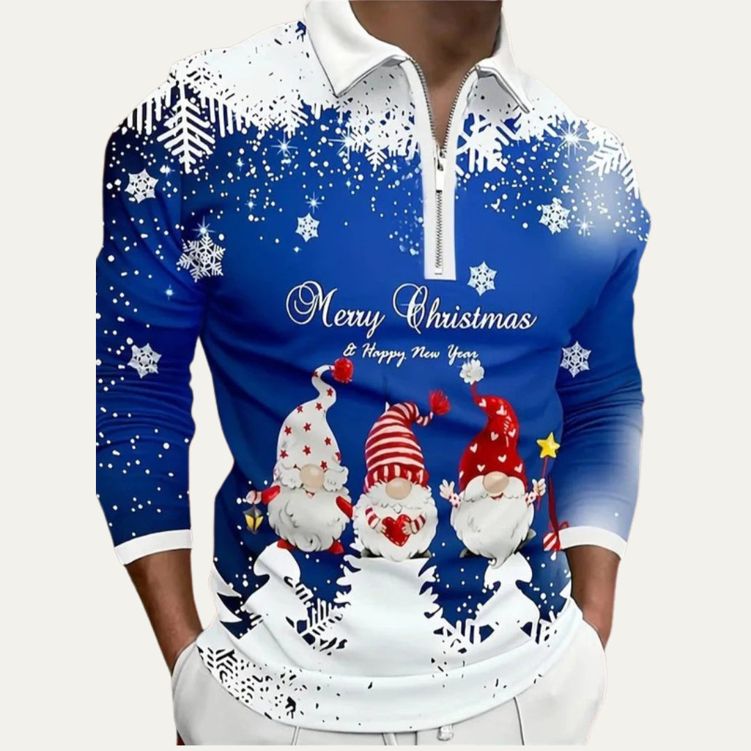 VogeLuxe | Men’s Festive Gnome Quarter-Zip Christmas Polo