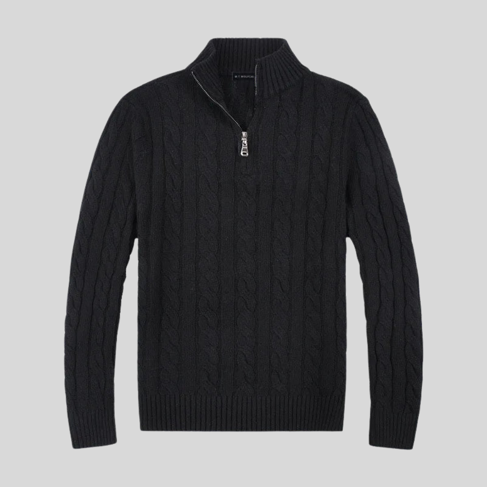 VogeLuxe | Men’s Cable Knit Mock Neck Quarter Zip Sweater