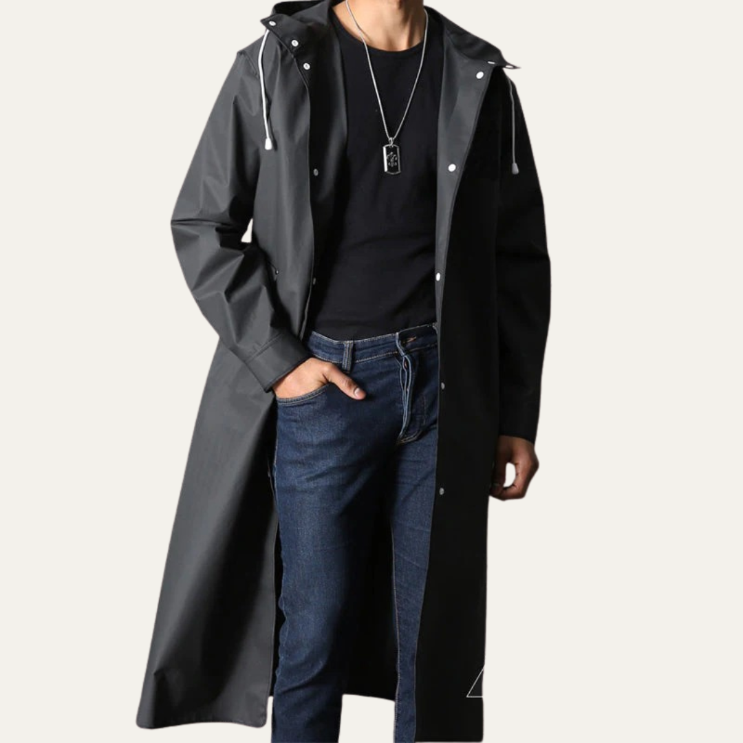 VogeLuxe | Men’s Long Line Hooded Snap Front Raincoat
