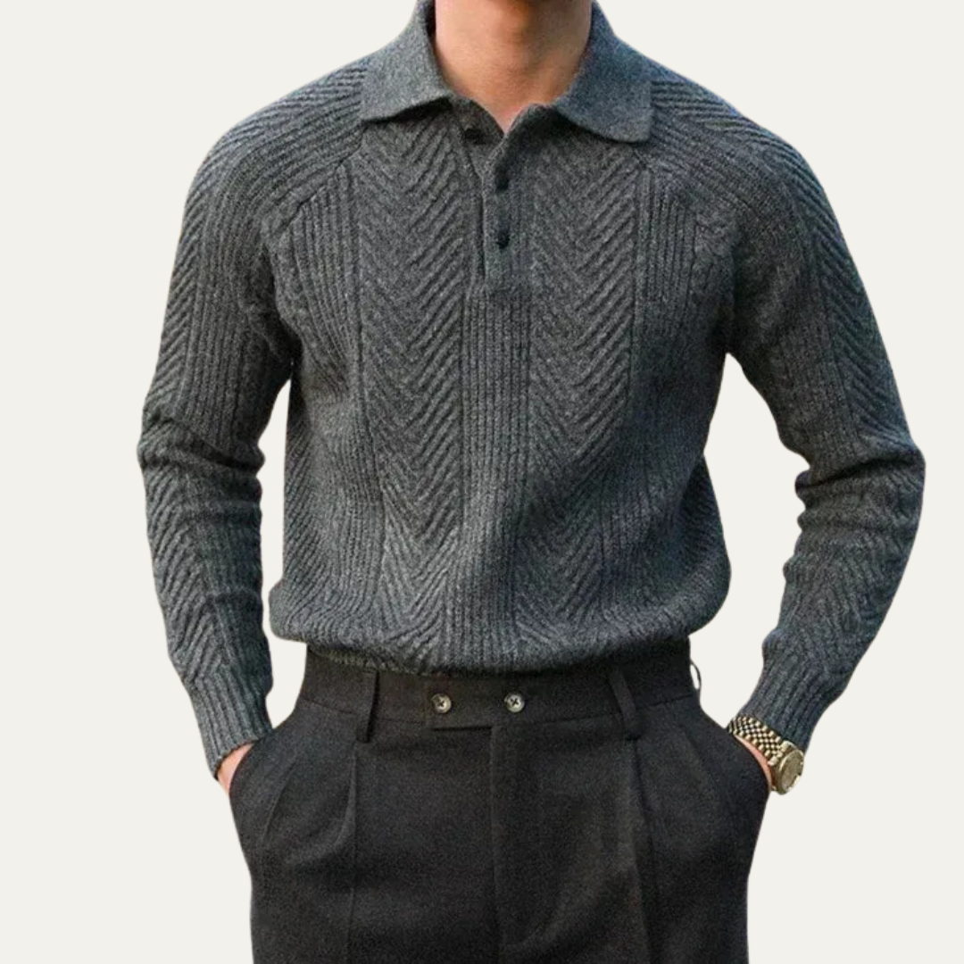 VogeLuxe | Men’s Textured Chevron Knit Polo With Zip Neck