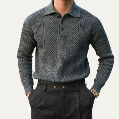 VogeLuxe | Men’s Textured Chevron Knit Polo With Zip Neck