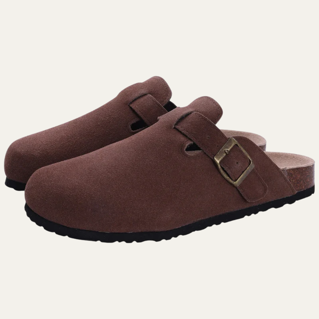 VogeLuxe | Women’s Suede Look Closed Toe Mule with Cork Style Footbed