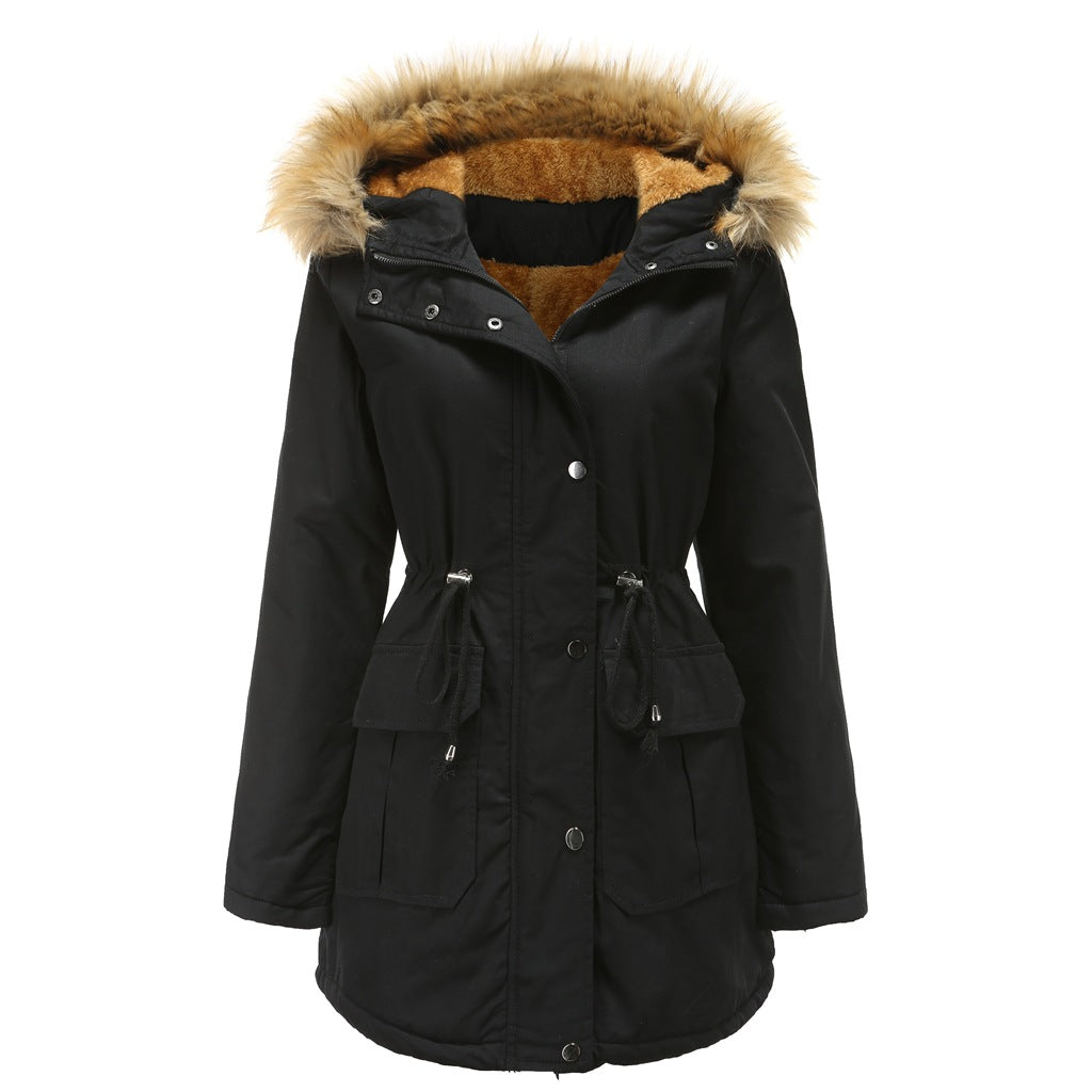 Warm Women's Parka Jacket with Fleece and Fur Hood