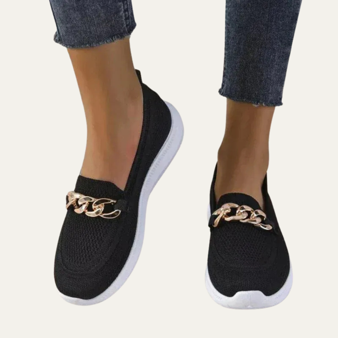 VogeLuxe | Women’s Knitted Slip On Loafers with Chain Detail