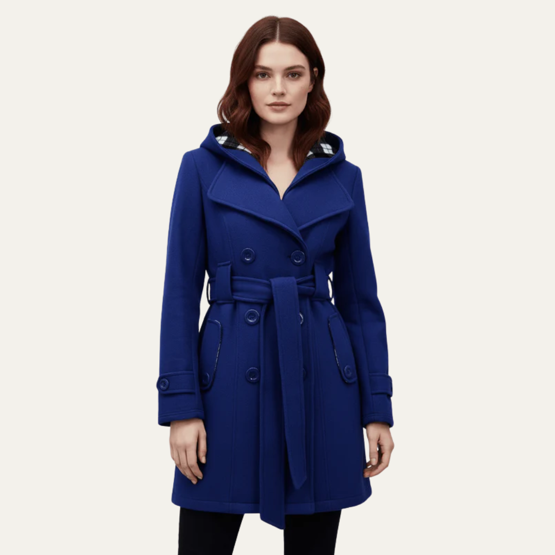 VogeLuxe | Women’s Belted Double-Breasted Wool Coat with Hood