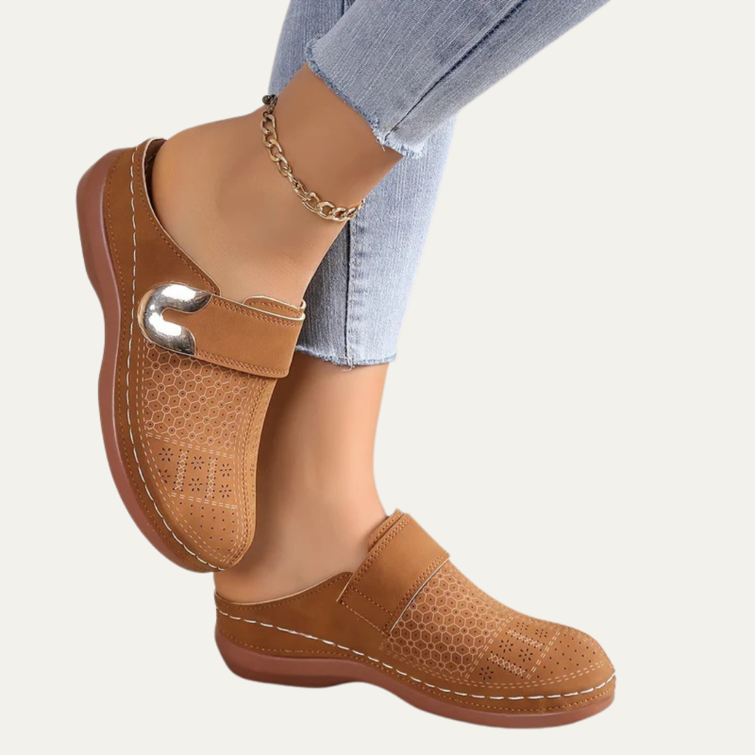 VogeLuxe | Women’s Perforated Floral Buckle Slip On Mules