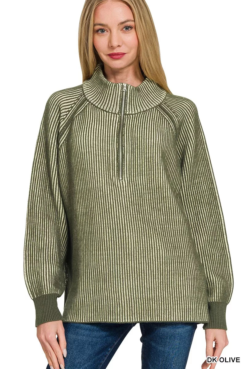 Textured Dual Color Mid Zip Sweater - BritishElegance