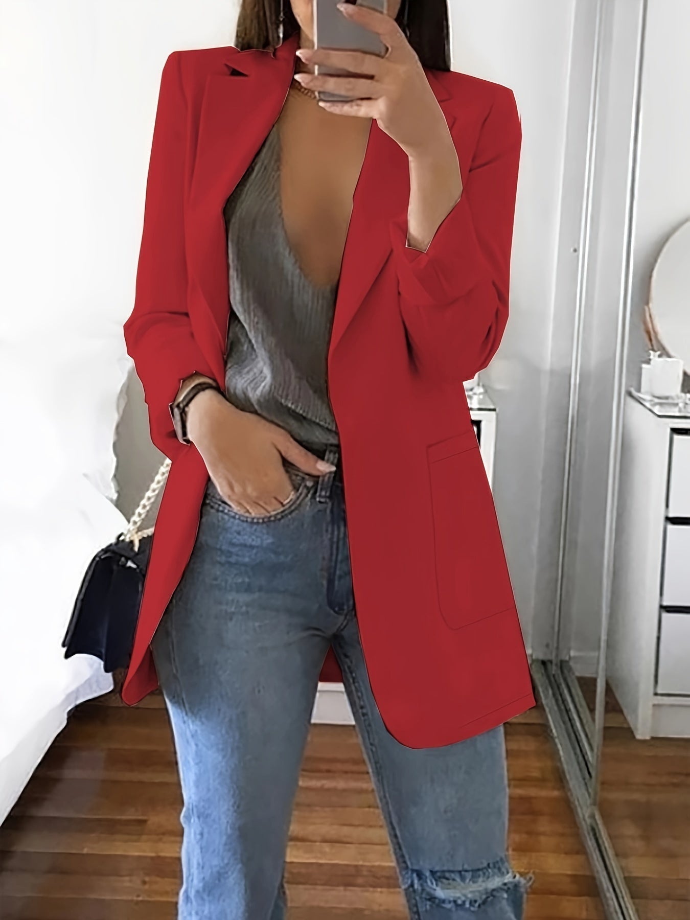Classic Women's Formal Solid Blazer with Notched Lapel