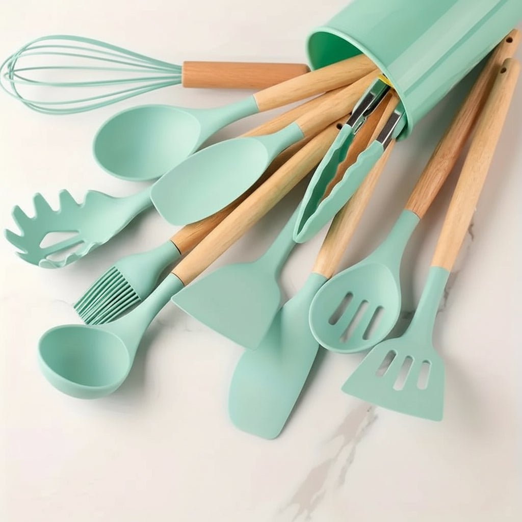 Silicone Kitchen Tool Set with Wooden Grip Handles