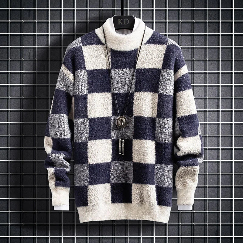 Warm Mens Plaid Crew Neck Sweater