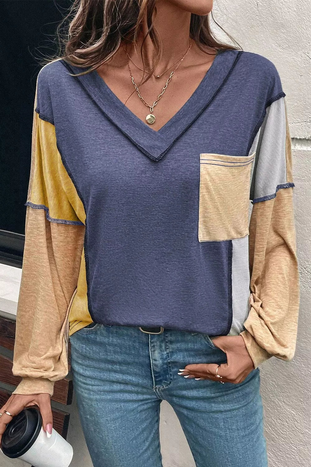 Multicolor Crew Neck Long Sleeve Tee - VogeLuxe