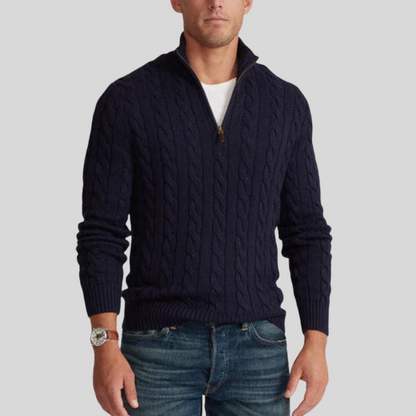 VogeLuxe | Men’s Cable Knit Mock Neck Quarter Zip Sweater