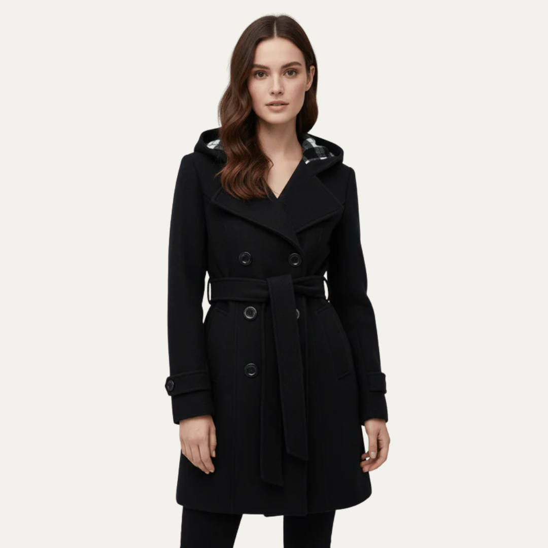VogeLuxe | Women’s Belted Double-Breasted Wool Coat with Hood
