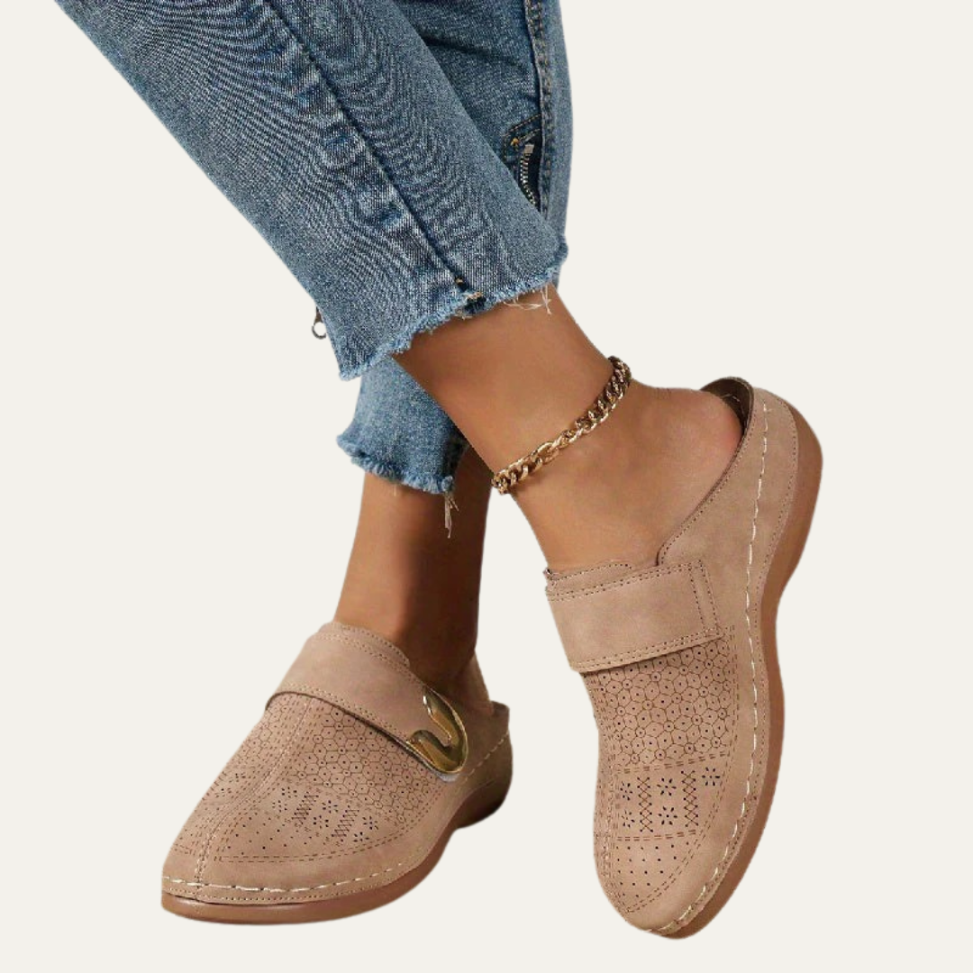 VogeLuxe | Women’s Perforated Floral Buckle Slip On Mules
