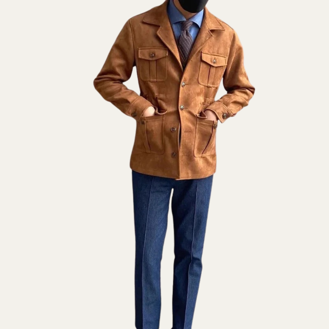 VogeLuxe | Men’s Suede Field Jacket with Four Flap Pockets