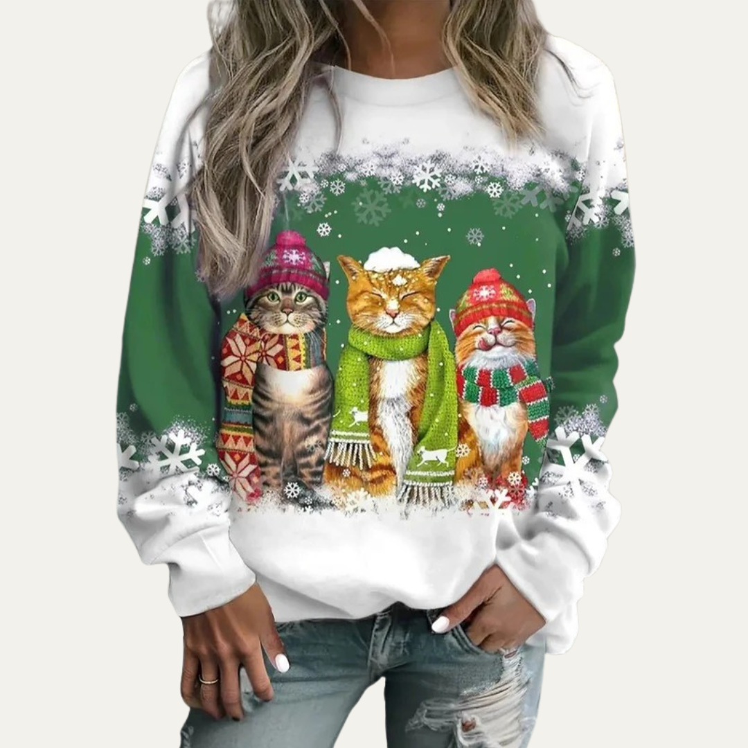 VogeLuxe | Women’s Winter Cats Printed Crewneck Sweater