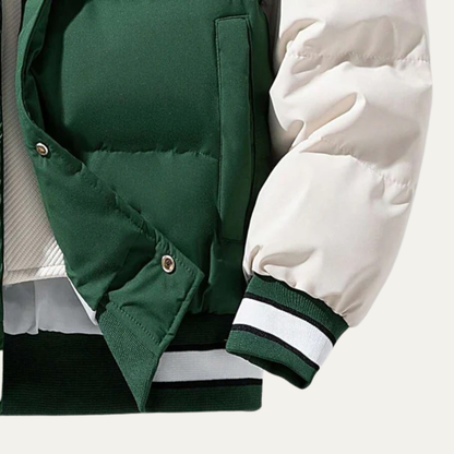 VogeLuxe | Men’s Varsity Style Puffer Jacket with Embroidered Graphics