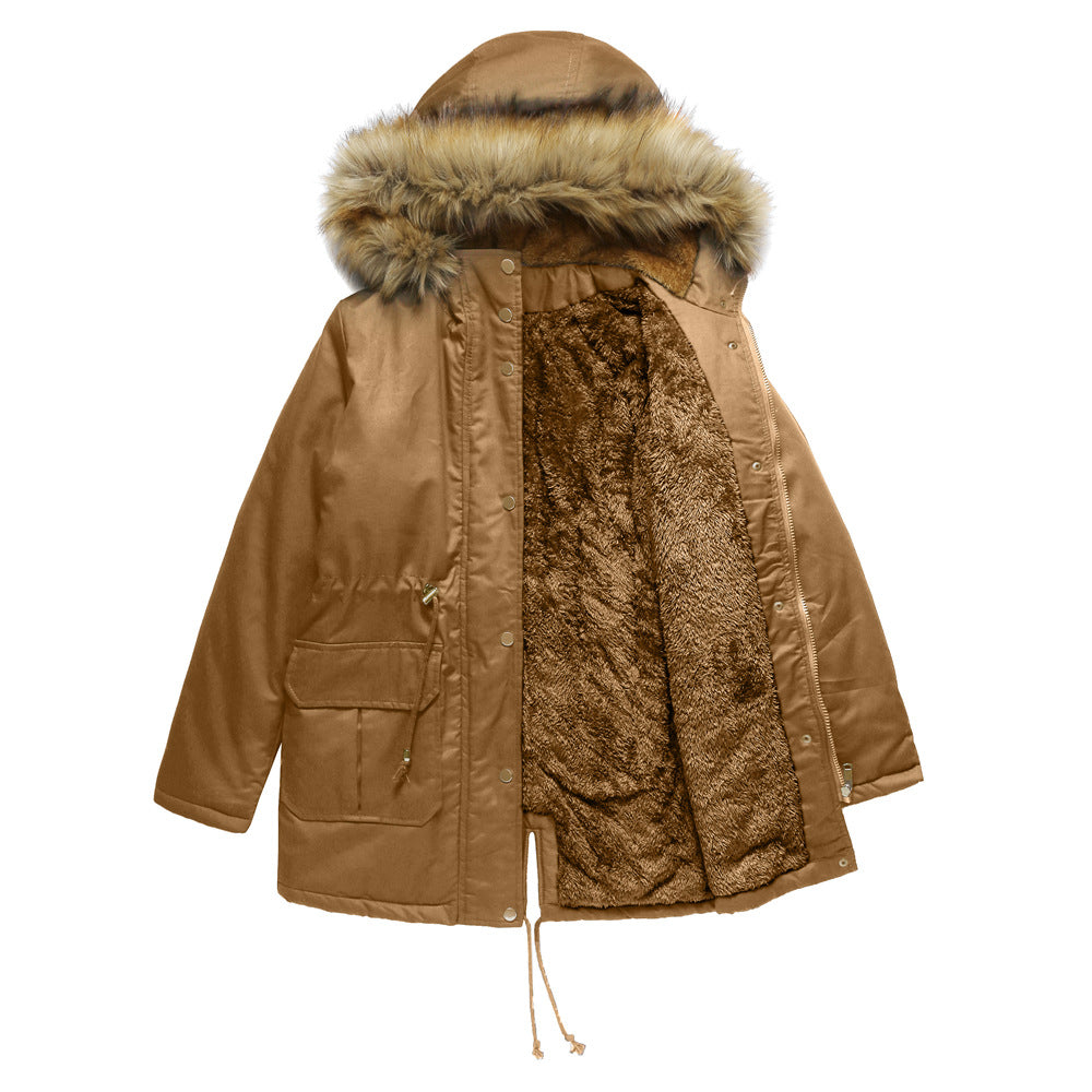 Warm Women's Parka Jacket with Fleece and Fur Hood