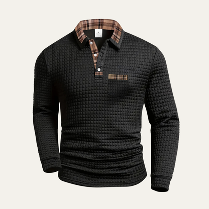 VogeLuxe | Men’s Textured Long Sleeve Polo with Plaid Collar