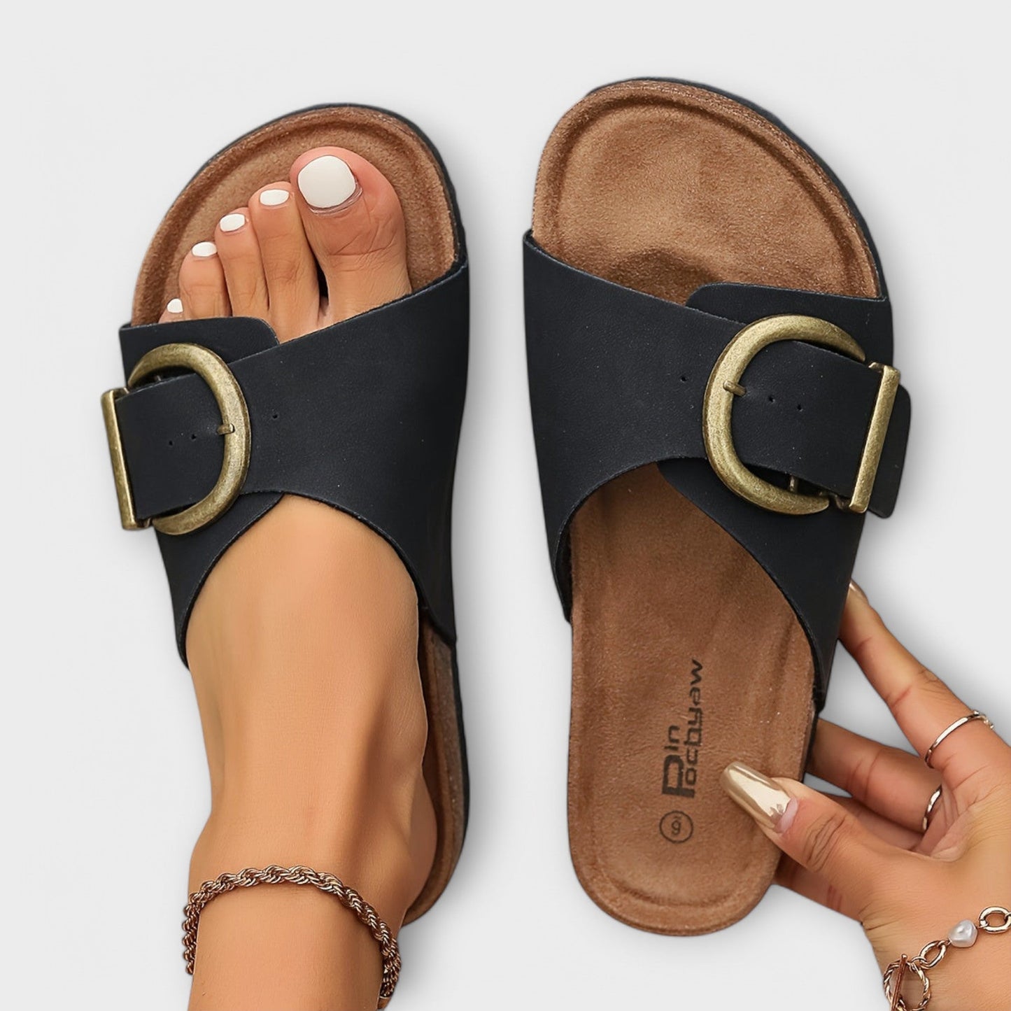 VogeLuxe | Women’s Open Toe Slide Sandals with Cork Footbed Buckle Strap