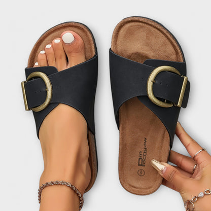 VogeLuxe | Women’s Open Toe Slide Sandals with Cork Footbed Buckle Strap