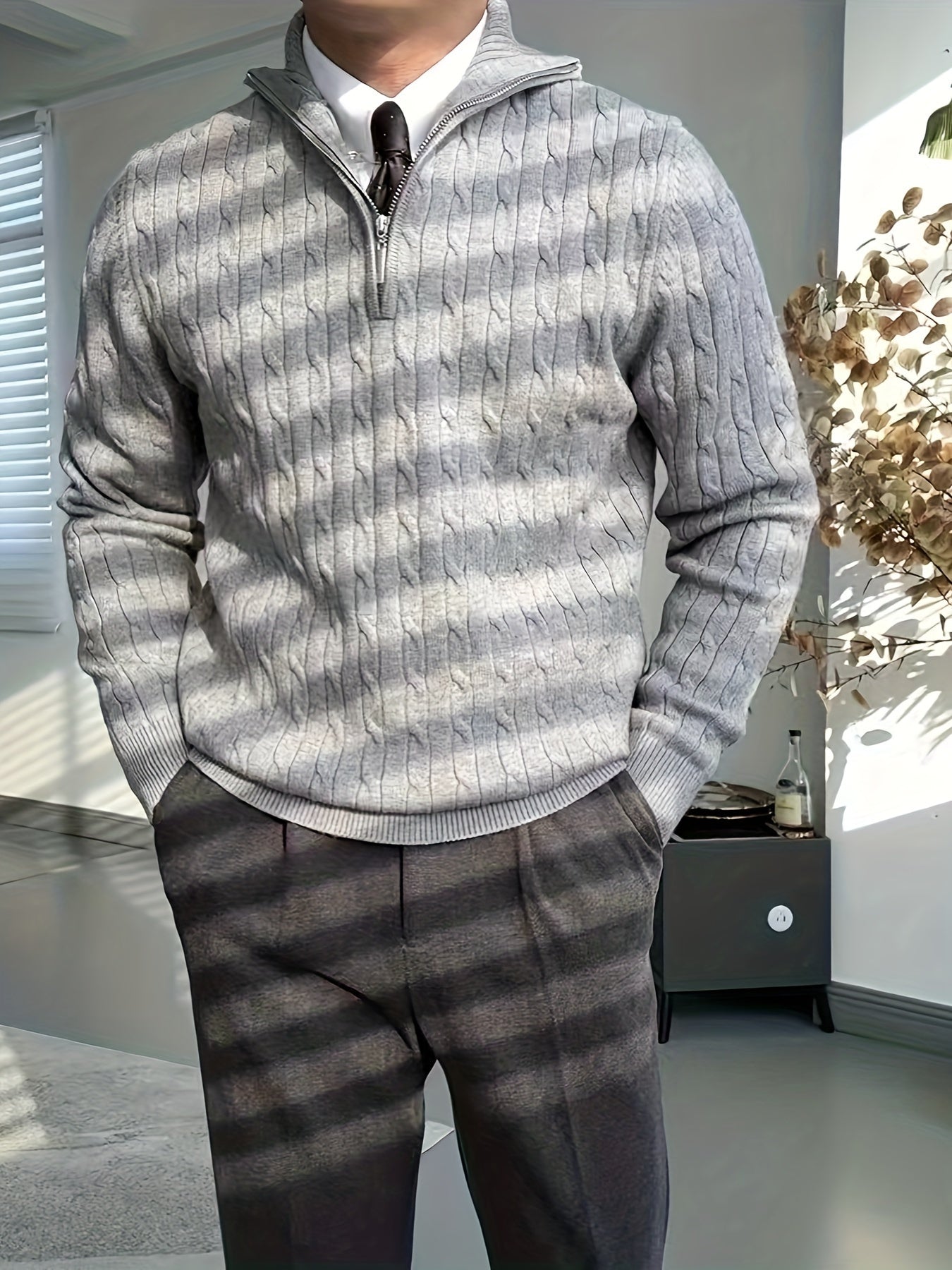 Warm Men's Cable Knit Sweater with Zip Neck