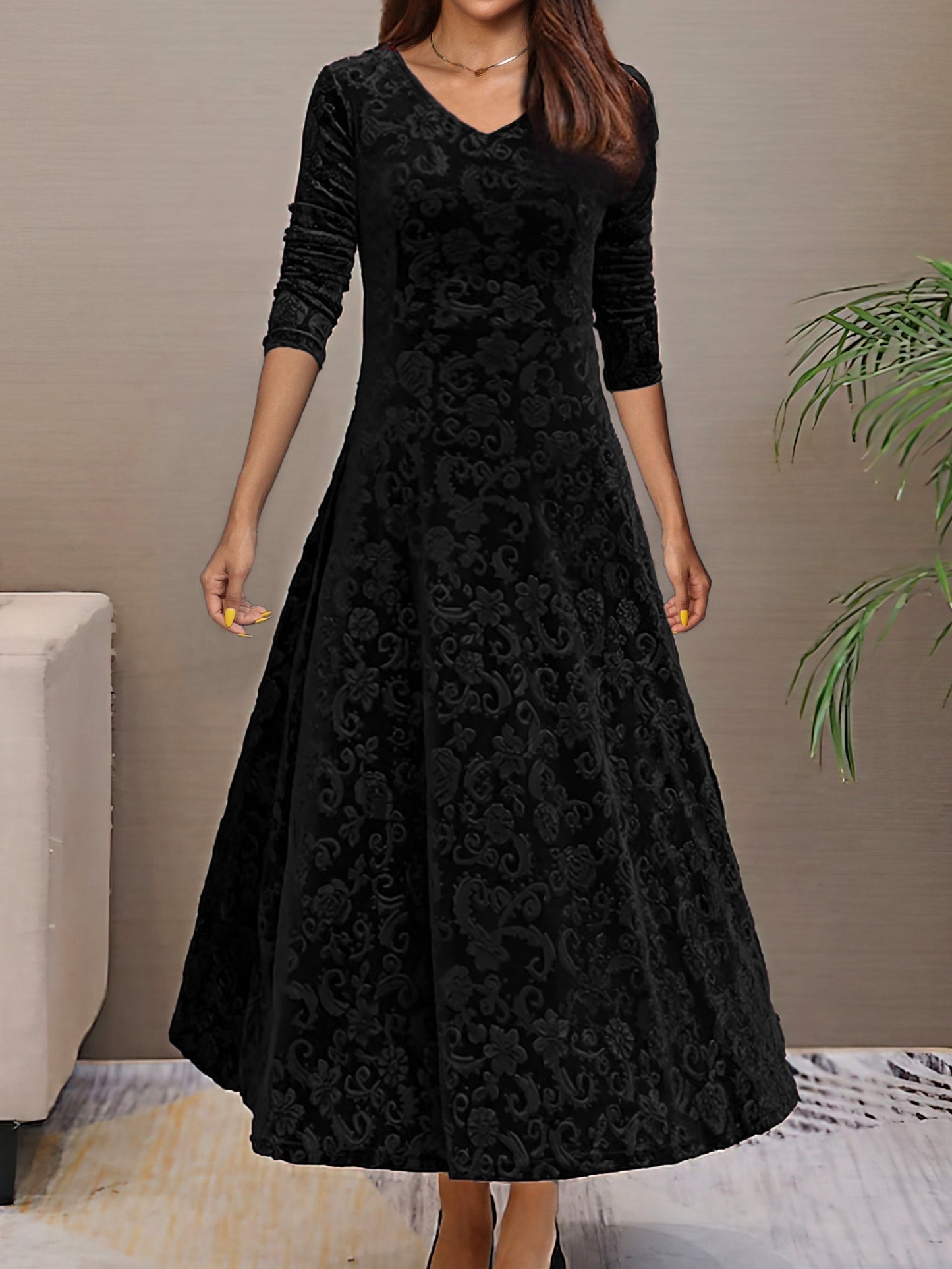 Elegant Women's Long Sleeve Velvet Formal Dress Plus Size