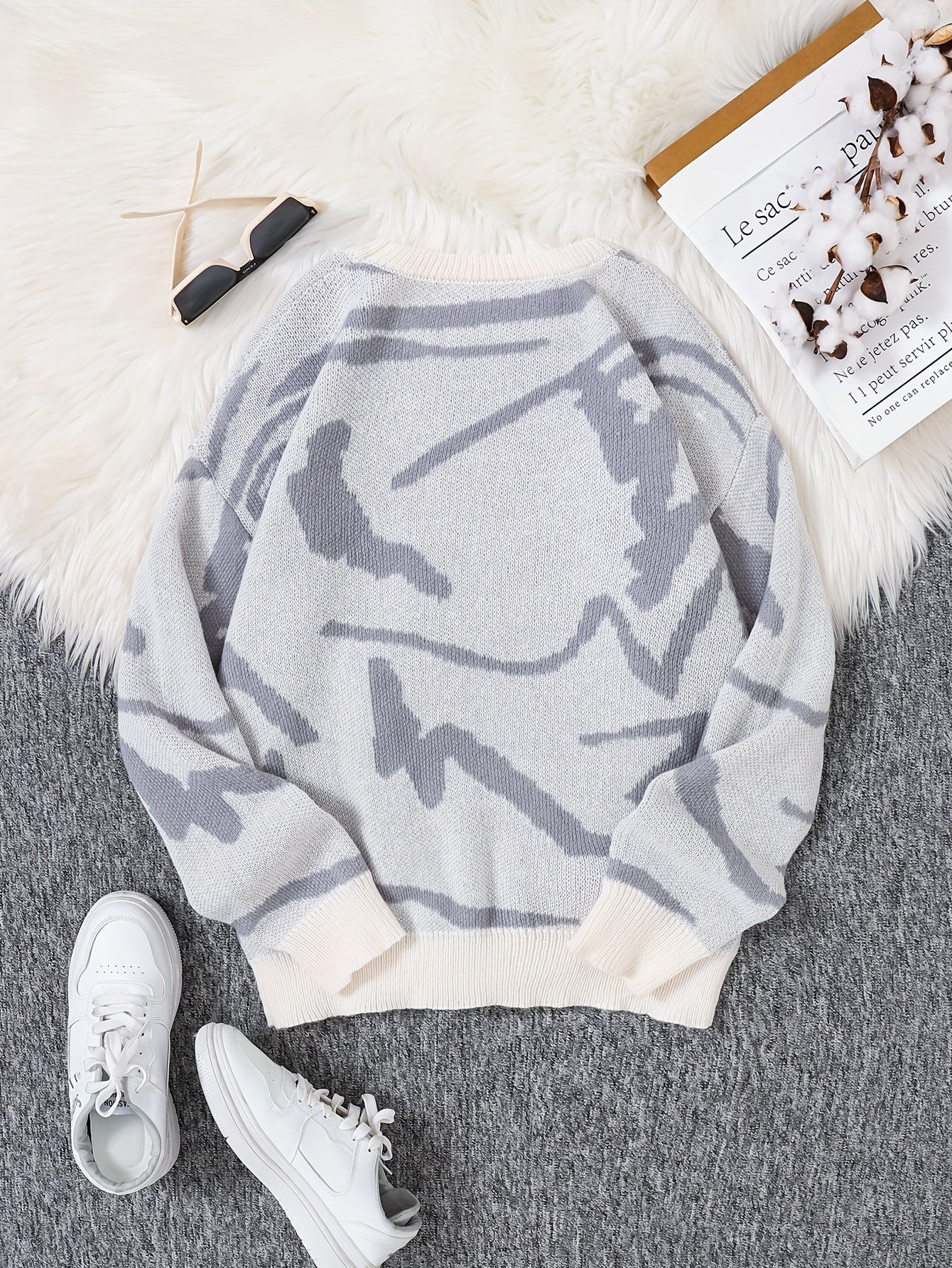 Cozy Winter Knit Sweatshirt with Graphic Design - VogeLuxe