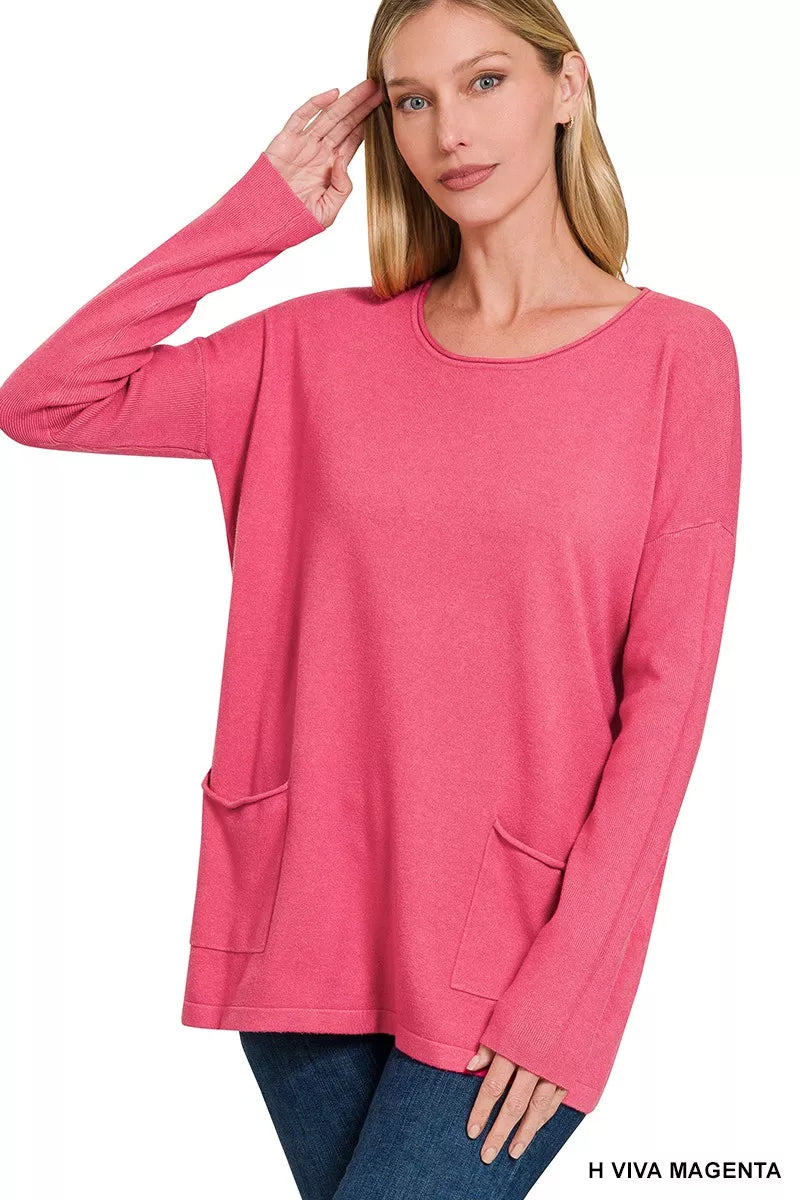 Soft Crew Neck Viscose Long Sleeve Pocket Sweater - VogeLuxe