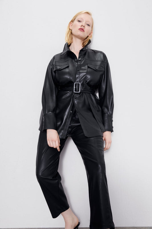 Classic Women's Faux Leather Jacket with Belt - VogeLuxe