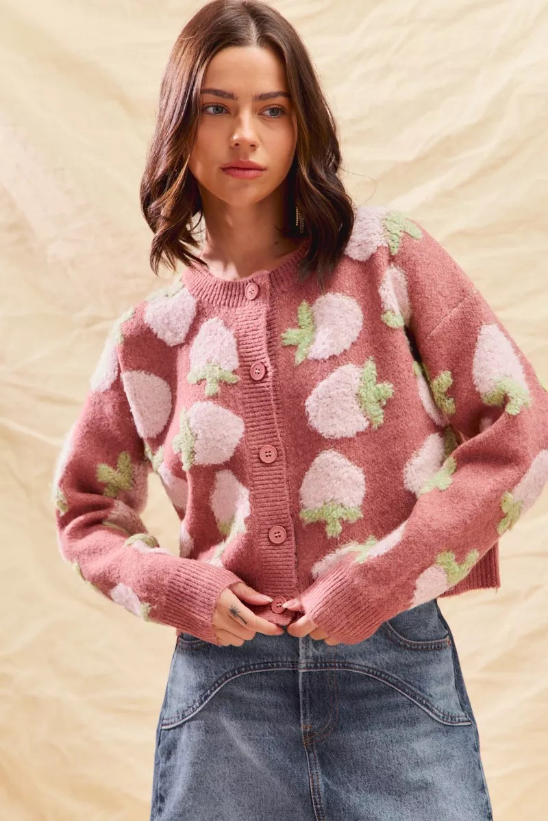 Pink Berry Patterned Open Front Cardigan Sweater - BritishElegance