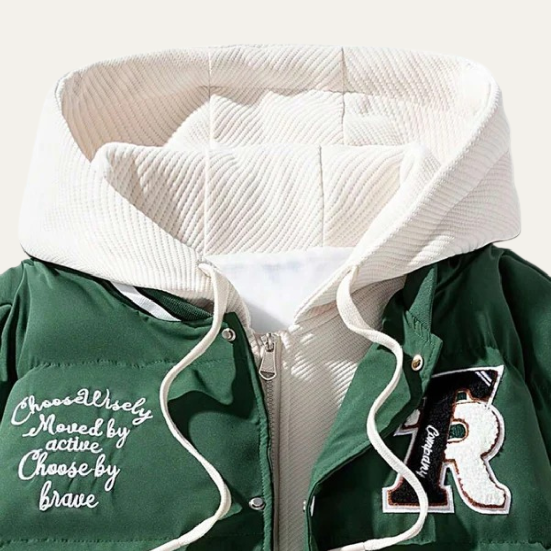 VogeLuxe | Men’s Varsity Style Puffer Jacket with Embroidered Graphics