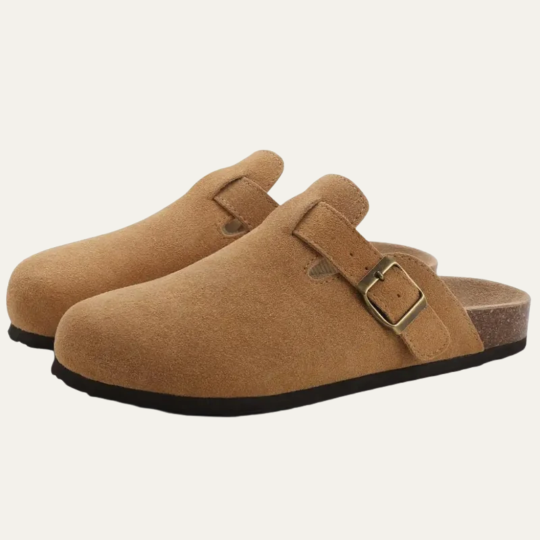 VogeLuxe | Women’s Suede Look Closed Toe Mule with Cork Style Footbed
