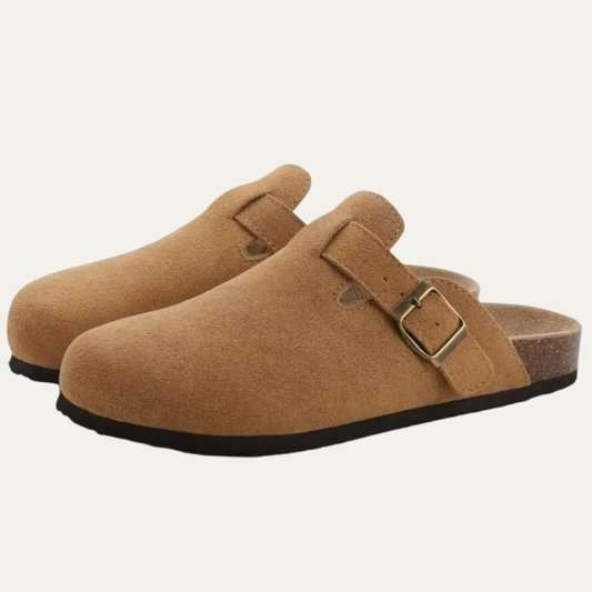 VogeLuxe | Women’s Suede Look Closed Toe Mule with Cork Style Footbed