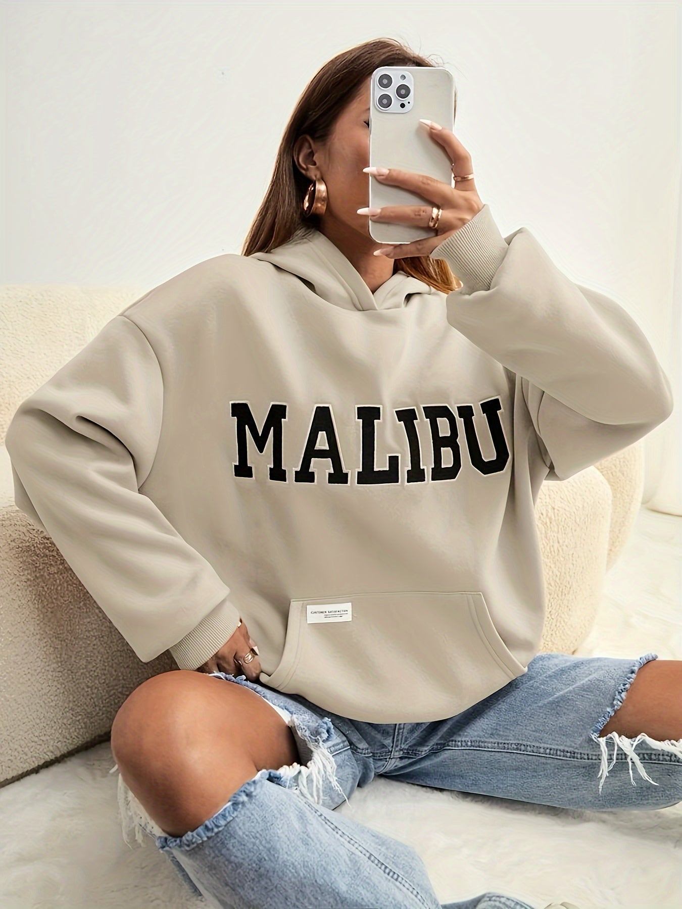 Cozy Women's Large Hooded Sweatshirt with Malibu Design - BritishElegance