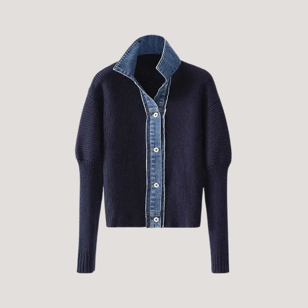 Blue Knit Cardigan with Jean Details - VogeLuxe