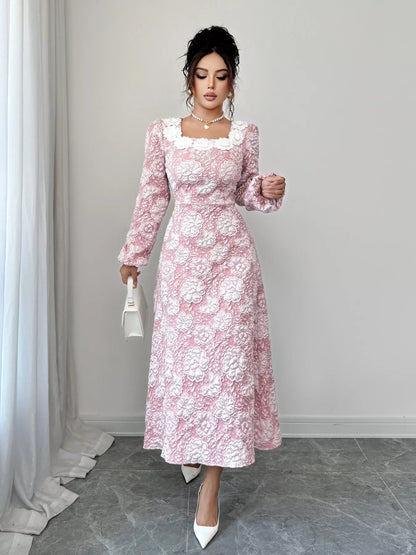 Pretty Embroidered Round Neck Mid Dress