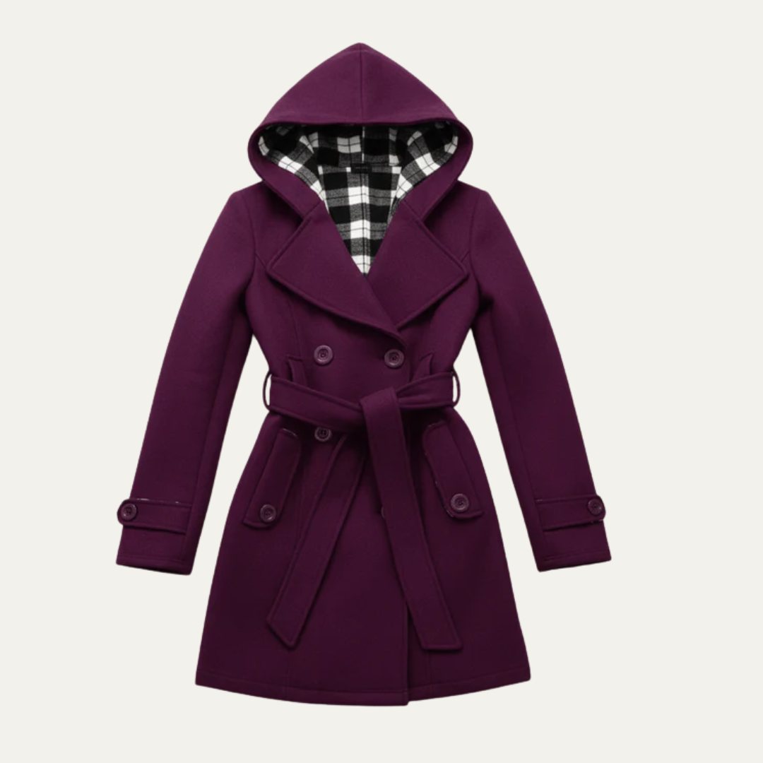 VogeLuxe | Women’s Belted Double-Breasted Wool Coat with Hood