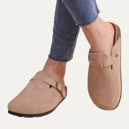 VogeLuxe | Women’s Suede Look Closed Toe Mule with Cork Style Footbed